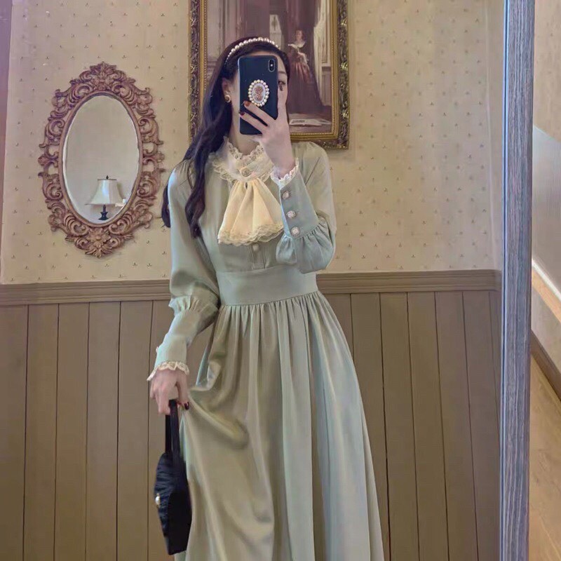 Váy vintage tiểu thư dáng dài, đầm ulzzang cổ nơ ren đính cúc ngọc màu xanh