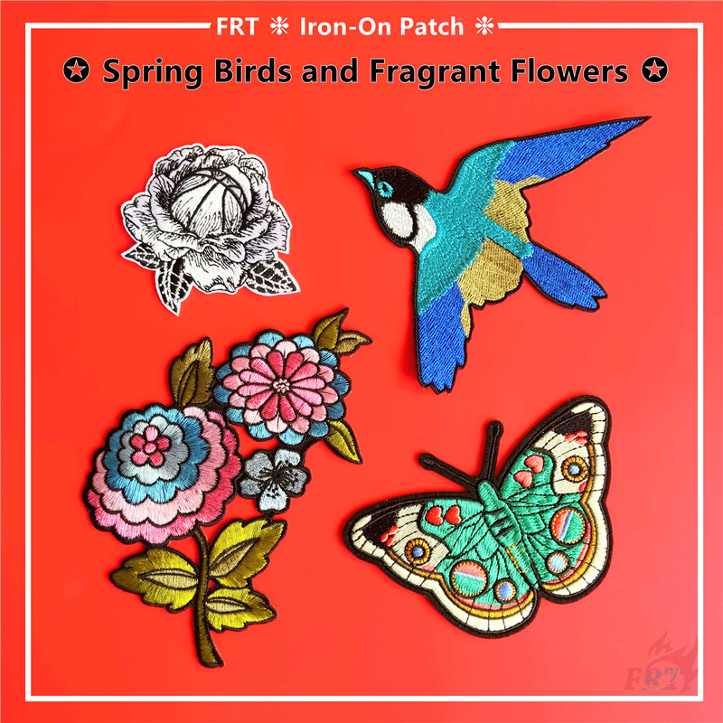 ☸ Sticker Ủi Thêu Hình Chim &amp; Hoa Có Mùi Thơm ☸ 1 Huy Hiệu Ủi Thêu Hình Chim Bướm Xanh