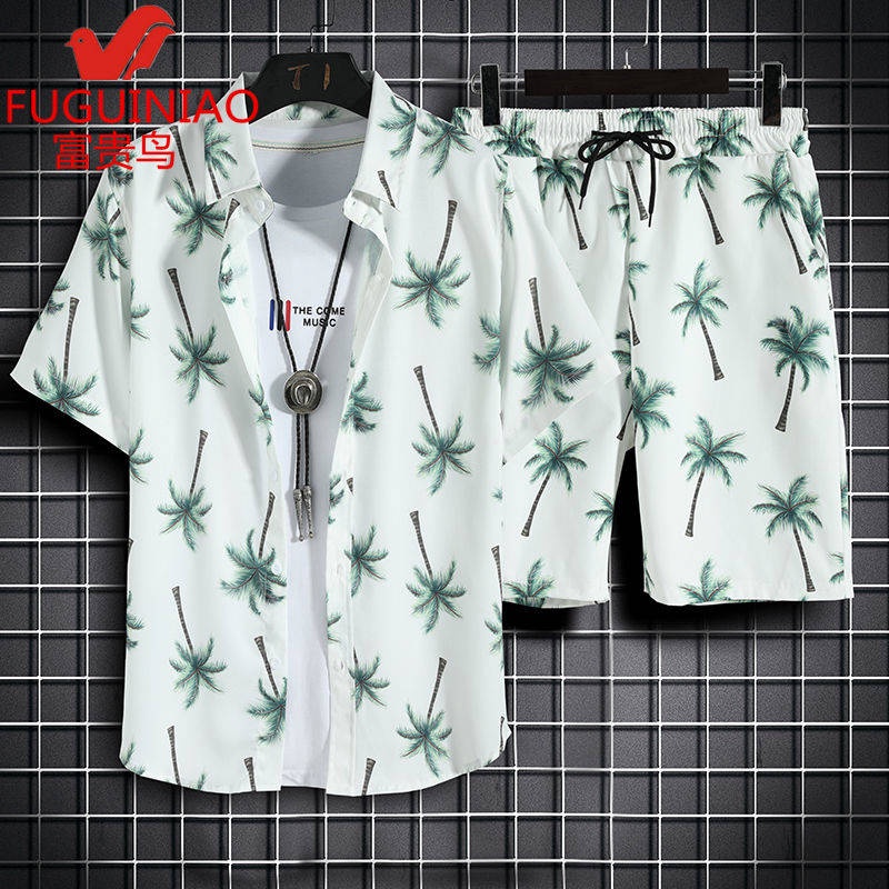 Set áo ngắn tay + quần short đi biển in họa tiết thời trang cho nam