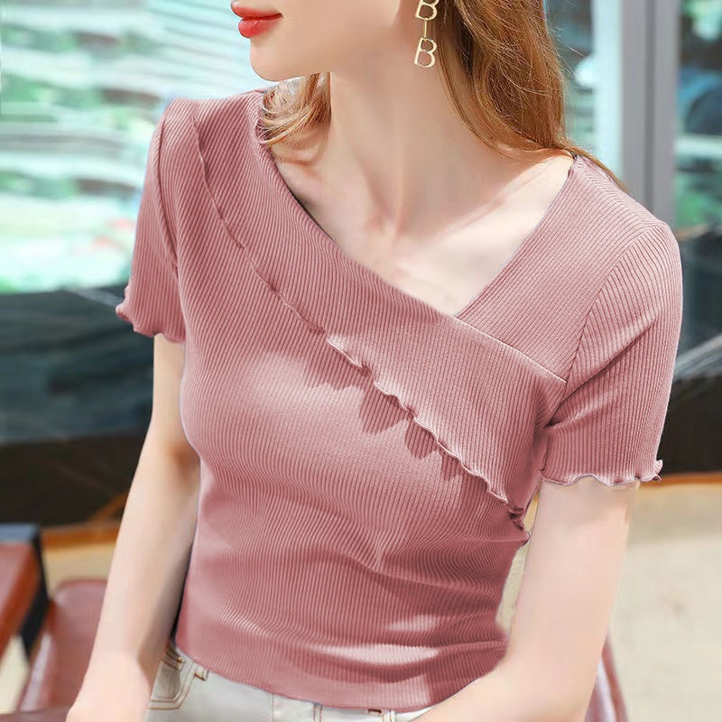 Áo Thun Lụa Ngắn Tay Cổ Chữ v Thời Trang Mùa Hè Cho Nữ