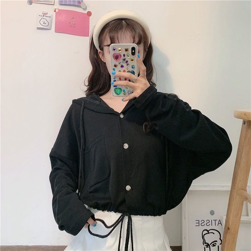 Áo hoodie ngắn mỏng dài tay form rộng phối dây rút phong cách hàn quốc cho nữ 2021