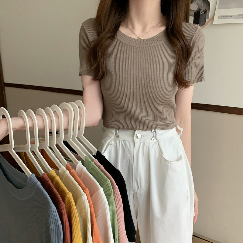 Áo thun len tăm nữ tay ngắn Hàn Quốc Áo phông len tăm mỏng cộc tay nữ Cổ tròn Ulzzang Thời trang