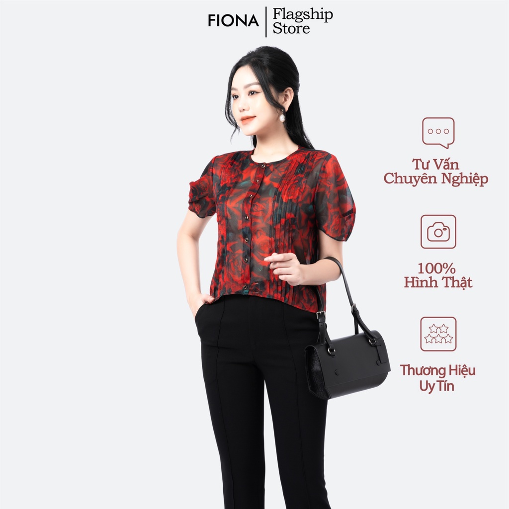 Áo Sơmi cổ tròn Fiona, Sơ mi dáng croptop tay phồng, bấu ly 2 bên ngực F551190