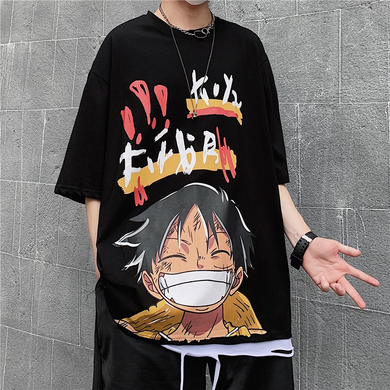 Áo thun tay ngắn dáng rộng in hoạt hình One piece phong cách Hàn Quốc thời trang dành cho nam size s-8xl