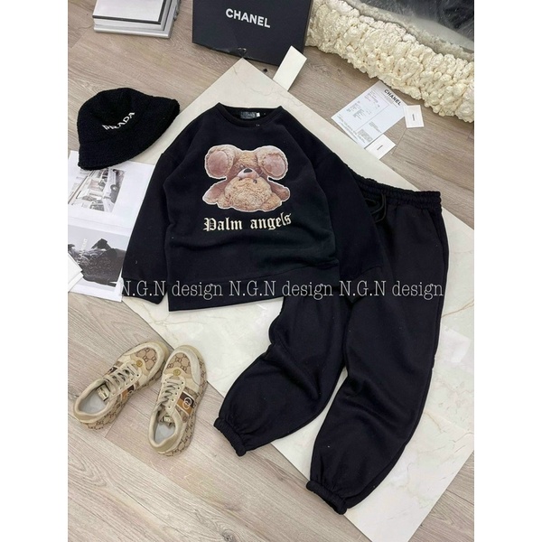 Sét bộ thời trang nữ mặc đi chơi chất nỉ bông tay dài in hình gấu mix quần jocker bo chun