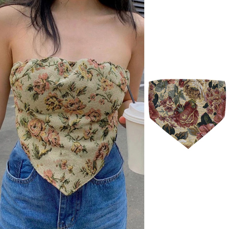 Áo ống không tay hở lưng họa tiết hoa hồng phong cách vintage gợi cảm cho nữ