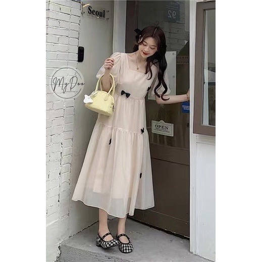 Đầm bầu tiểu thơ xinh xắn 2 lớp HOT TREND-Váy bầu babydoll dáng dài cổ vuông siêu xinh