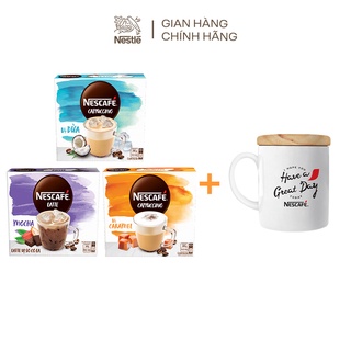[Tặng 1 ly sứ]Combo 3 hộp cà phê hòa tan Nescafé Nestle bao bì mới: 1Cappuccino dừa+1Cappuccino caramel+1Latte sôcôla