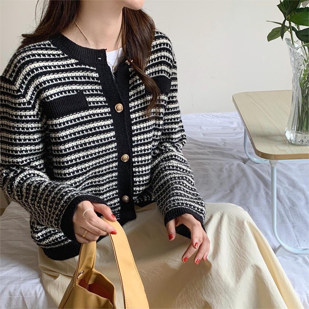 Áo cardigan ZHELIHANGFEI dệt kim tay dài eo cao phong cách Pháp