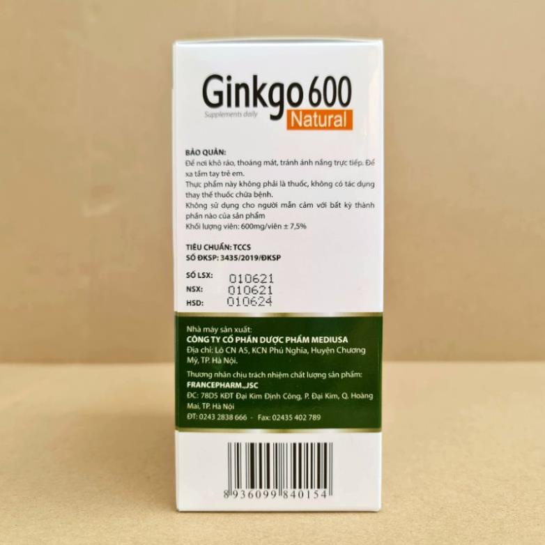 Ginkgo 600 viên uống hoạt huyết dưỡng não hộp 100 viên Giúp hoạt huyết dưỡng não, bền thành mạch