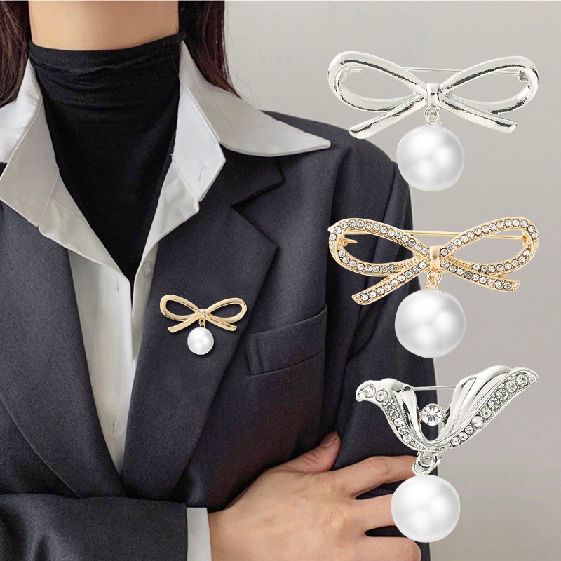 Ghim Cài Áo Hình Nơ Đính Ngọc Trai Giả 3 Kiểu Dáng Thanh Lịch Cho Nữ