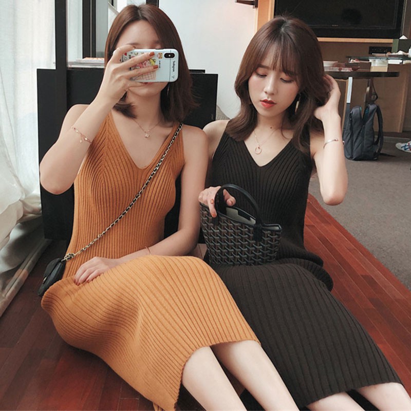 Đầm Ôm Hai Dây Cổ Chữ V Thời Trang Gợi Cảm Cho Nữ