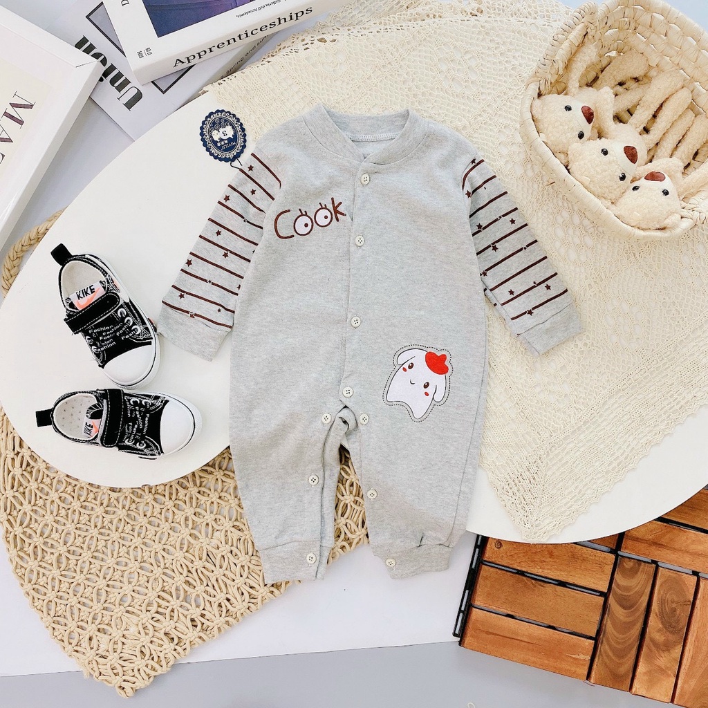 Body dài cotton nỉ cúc giữa in hình Cook cho bé, body dài cho bé sơ sinh