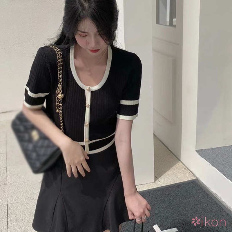 Áo Thun Ngắn Tay Cổ Tròn Màu Sắc Tương Phản Thời Trang Cho Nữ