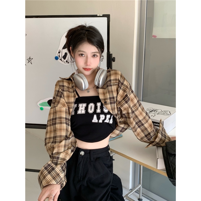 Áo Hai Dây / Áo Sơ Mi Crop Top Kẻ Sọc In Chữ Bên Hông Kiểu Vintage Mỹ
