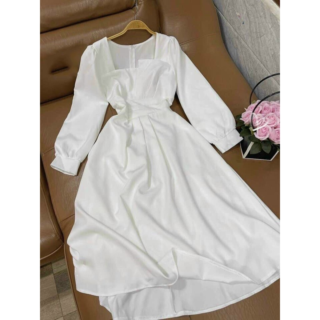 Đầm dự tiệc dáng dài dễ thương dập ly ngực tay dài cổ vuông cá tính trẻ trung XUKA-DRESS MT100-chất Lụa cao cấp đẹp