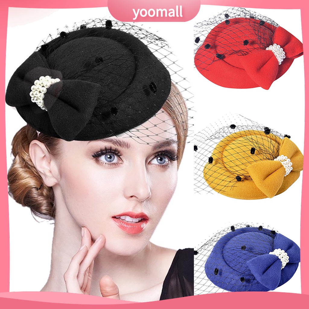 Kẹp tóc dạng mũ đính ngọc trai giả phối lưới phong cách gợi cảm Vintage cho nữ