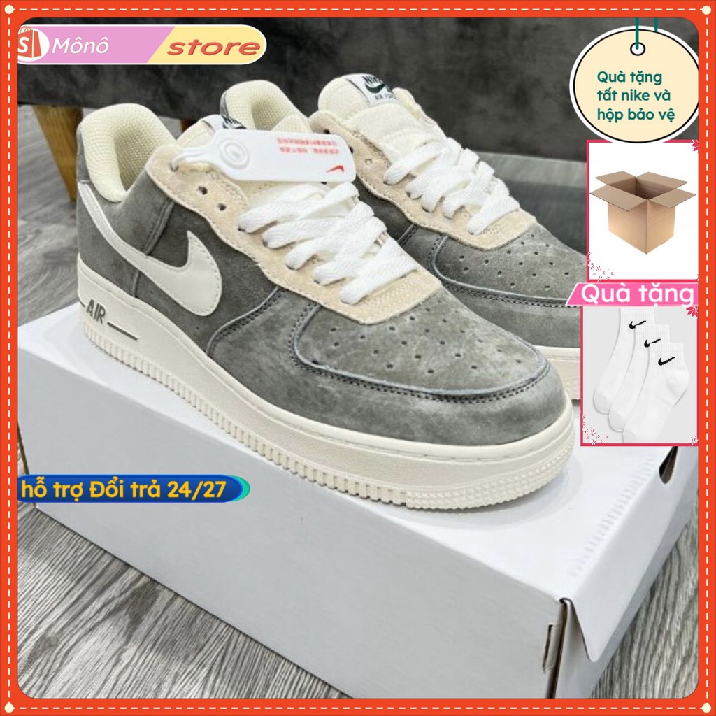 Giày AF1 Trắng Xám Lông Chuột, Giày Air Force 1 Xám Trắng Da Lộn, Full phụ kiện hàng cao cấp.mono68