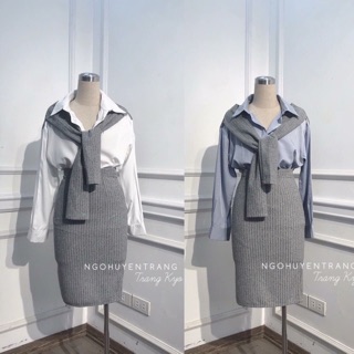 Set áo sơ mi buộc dây kèm chân váy bút chì