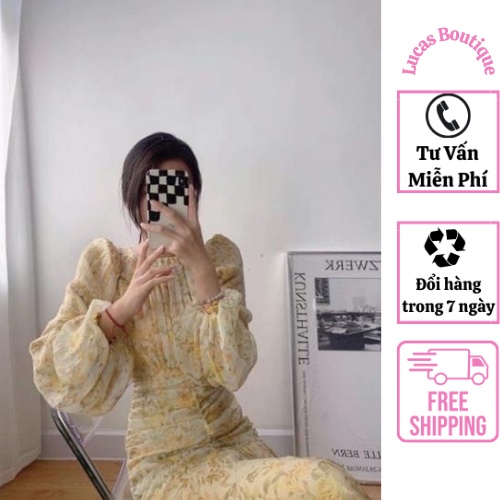 Đầm đuôi cá nhún eo tay bồng hoạ tiết hoa vàng(lucas boutique chuyên sỉ lẻ hàng quảng châu)