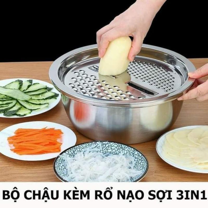Bộ nạo rau củ 3 món bào Nhật Bản - Rổ nạo rau củ kiêm rổ và chậu inox cao cấp đa năng,tiện lợi dùng nhà bếp
