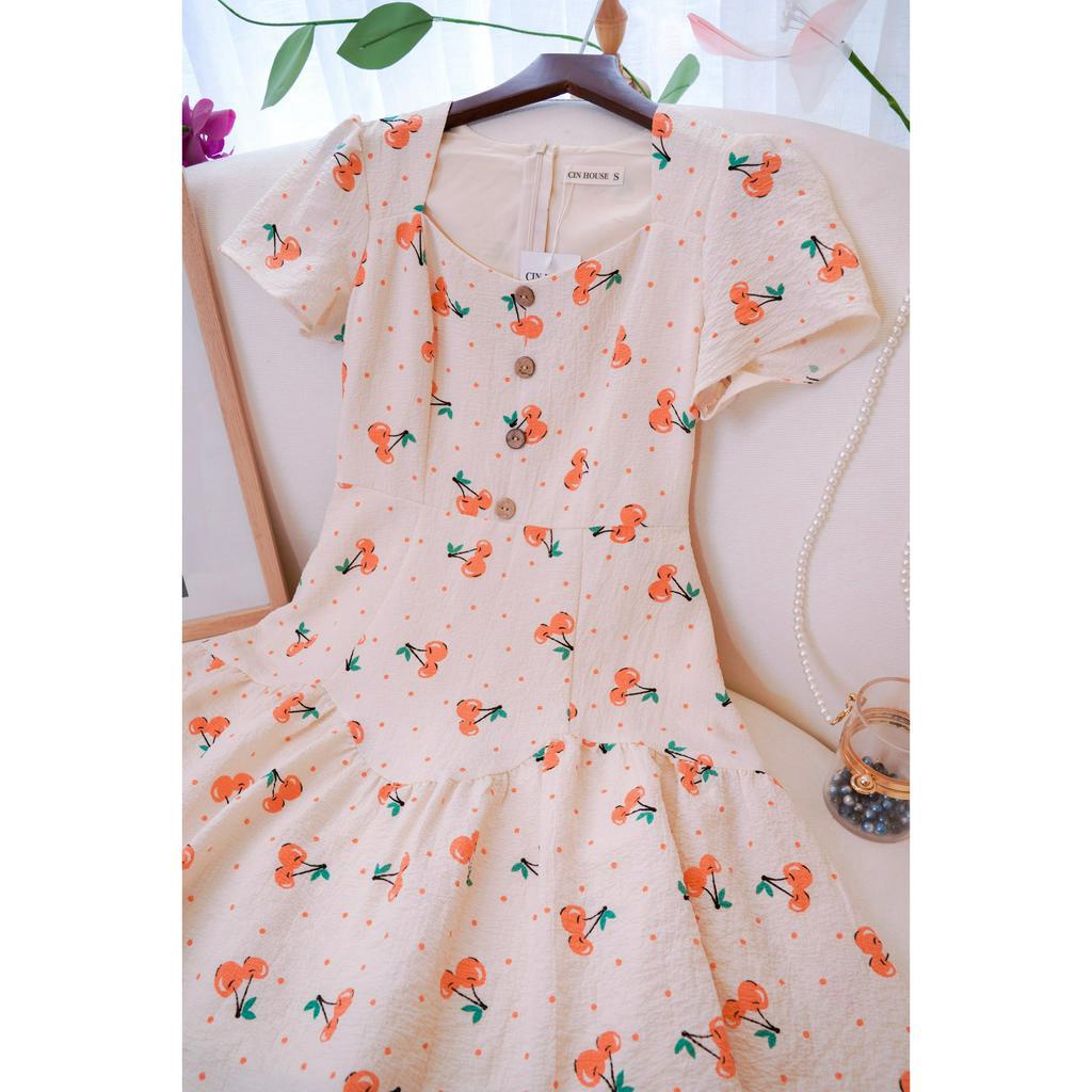 Đầm xòe đuôi cá họa tiết Cherry trẻ trung hack dáng C105 CIN HOUSE