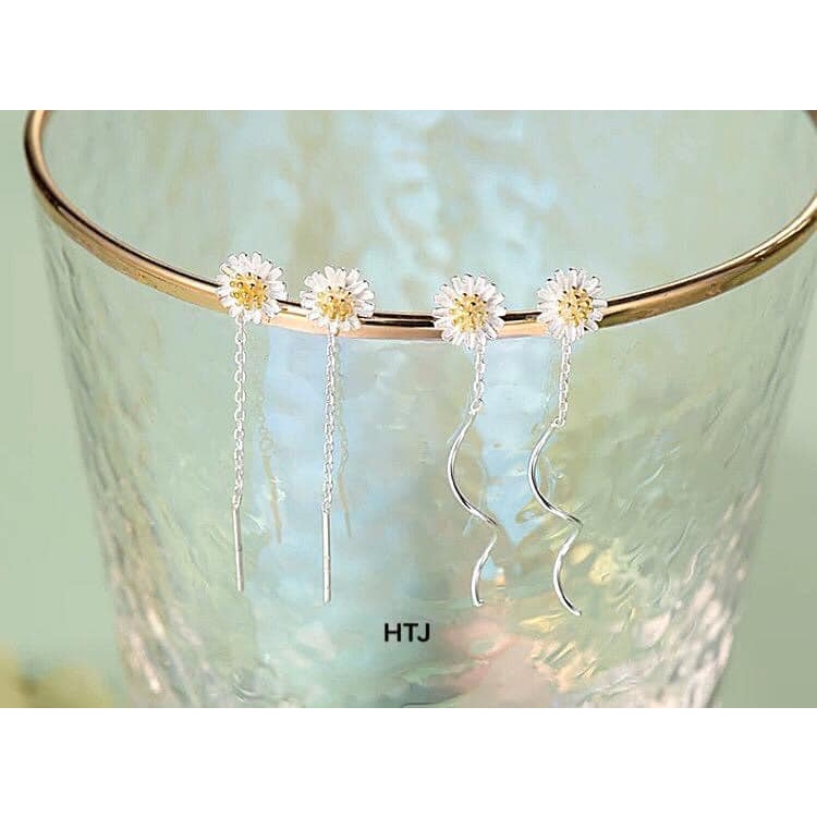 BÔNG TAI HOA CÚC BẠC TA DÁNG SÓNG DÀI