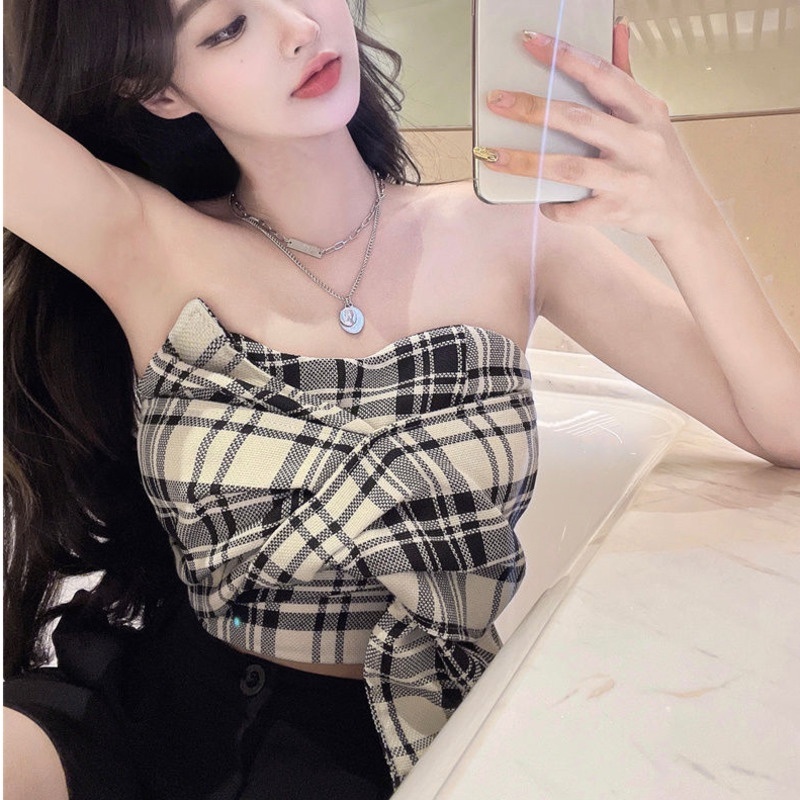 Áo Ống Thắt Nơ Họa Tiết Sọc Caro Thời Trang Mùa Hè Quyến Rũ Cho Nữ