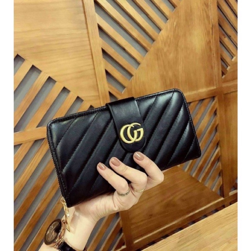 Ví dài thời trang nữ nắp cài g.u.c.c.i da bóng trần chỉ siêu đẹp