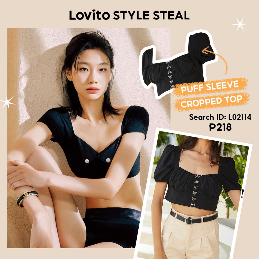 Áo croptop Lovito tay phồng màu trơn L02114 (Màu đen) | BigBuy360 - bigbuy360.vn