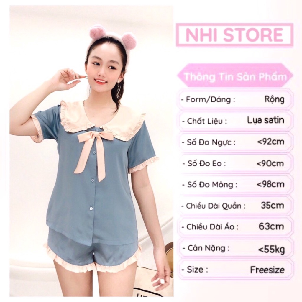 [FREESHIP 50K] Bộ lụa Pijama NHISTORE Bộ Quần Ngắn Tay Ngăn Cổ Phối Bèo Nơ Dễ Thương Freesize 45-58kg