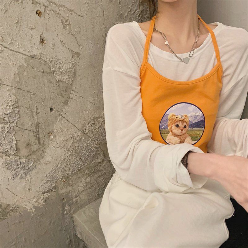 Áo Hai Dây In Hình Mèo Quyến Rũ Phong Cách Hàn Quốc Cho Nữ