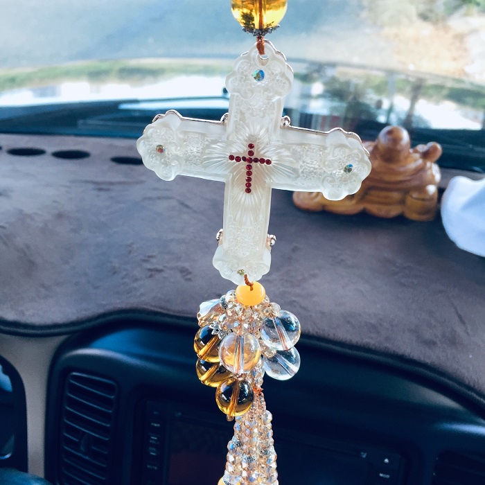 Dây Treo Kính Hậu Xe ô tô, Xe hơi, Xe tải, Chất liệu Pha Lê tinh khiết, mang lại bình an, may mắn, Kèm hộp lót Nhung