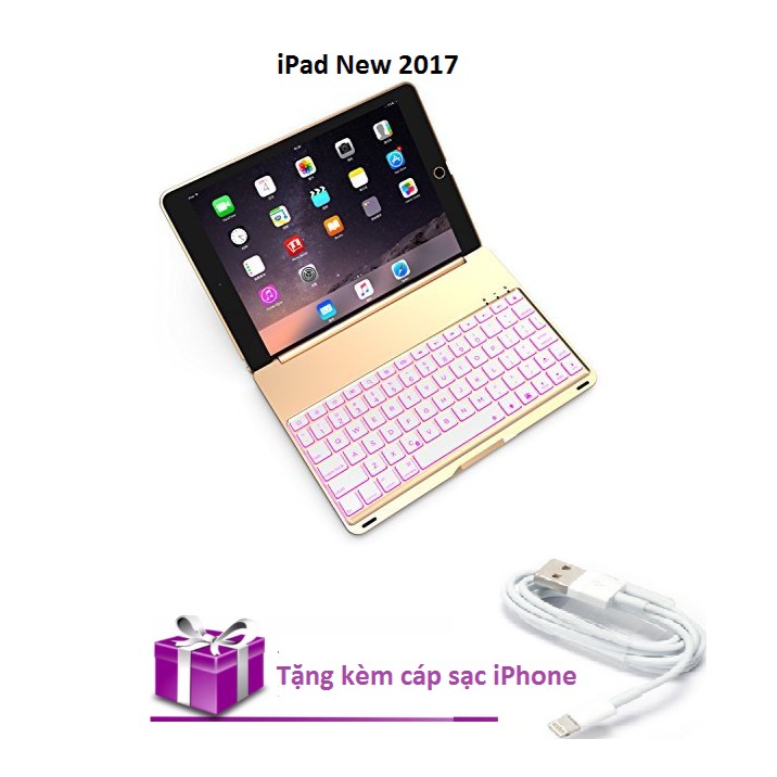 Bao da kiêm bàn phím bluetooth cho iPad New 2017 (9.7&quot;) (Rose Gold) tặng cáp sạc iPhone