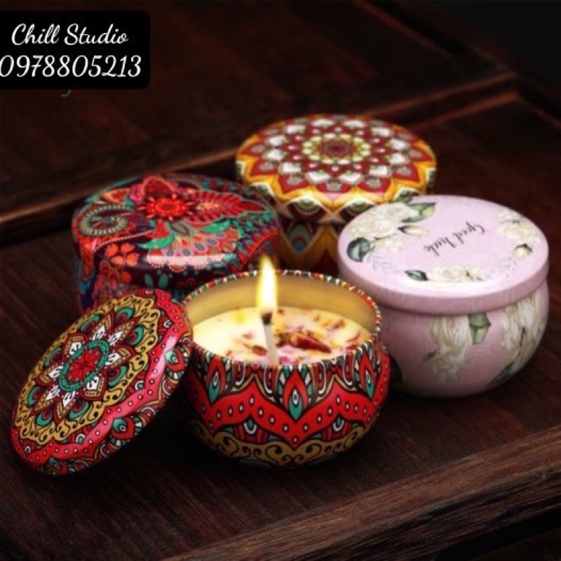 Nến Sáp Thơm Thư Giãn Không Khói Tinh Dầu Thiên Nhiên Phong Cách Hoa Khô Thảo Mộc Vintage Tin