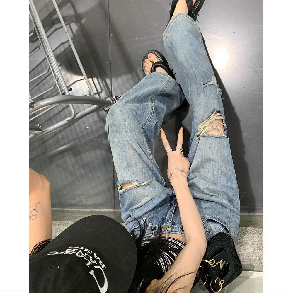 Quần jeans Rách Ống Rộng Lưng Cao Phong Cách retro