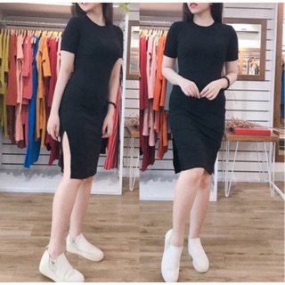 Đầm thun body tay ngắn xẻ đùi - Đầm thun cổ tim (Ảnh thật)