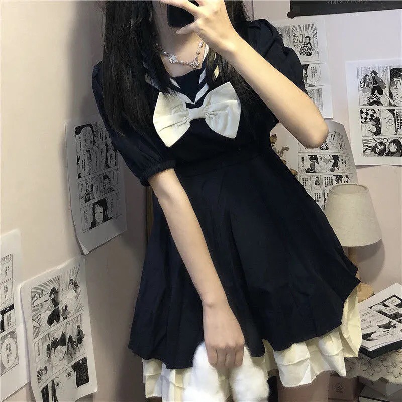 Váy Lolita cổ thủy thủ phối nơ (Kèm Ảnh Thật)