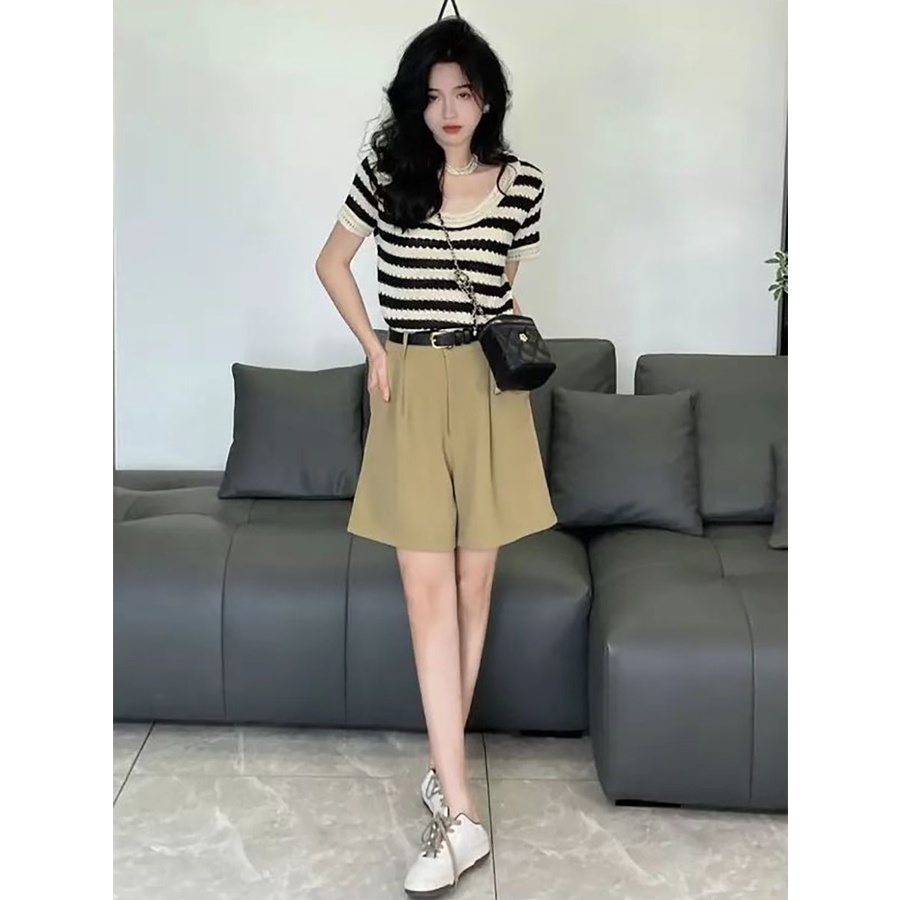 Áo Thun Dệt Kim Tay Ngắn Họa Tiết Sọc Thời Trang Hàn Quốc Chất Lượng Cao Cho Nữ