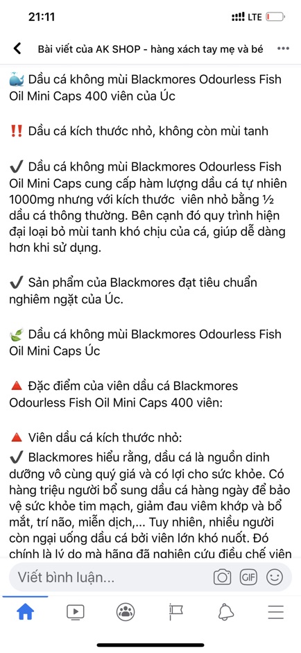Dầu cá không mùi fish oil blackmores mini caps 400v hàng chính hãng