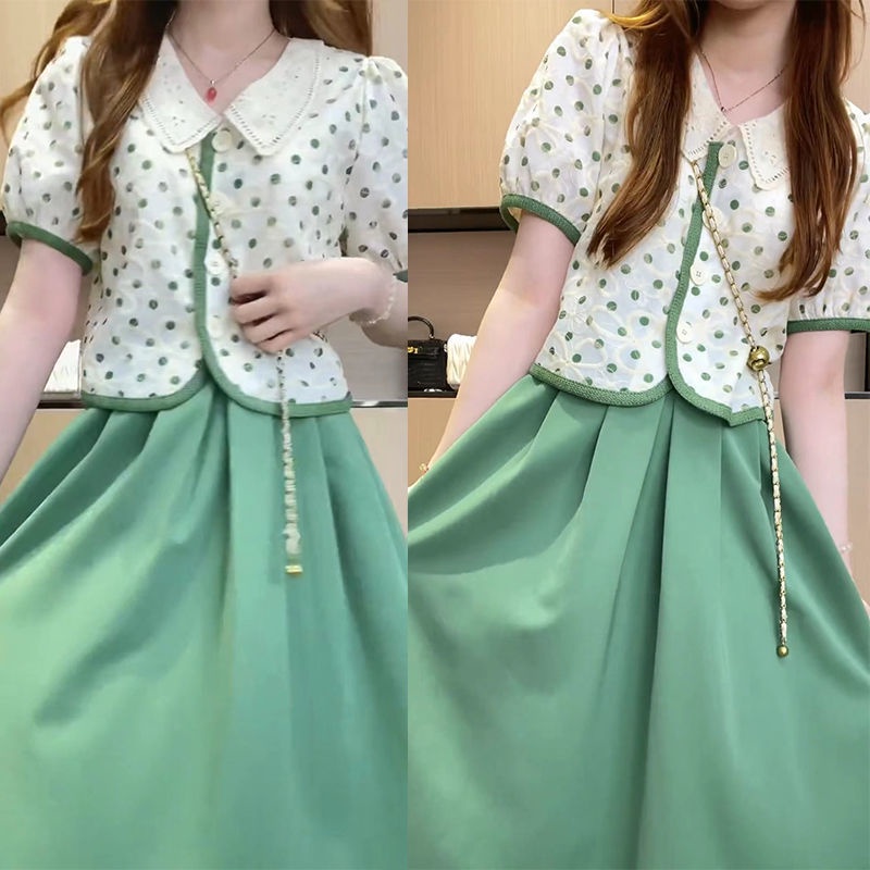 Bộ Áo Ren Thêu Họa Tiết Chấm Bi + Chân Váy Xếp Ly Phong Cách Mori Cao Cấp