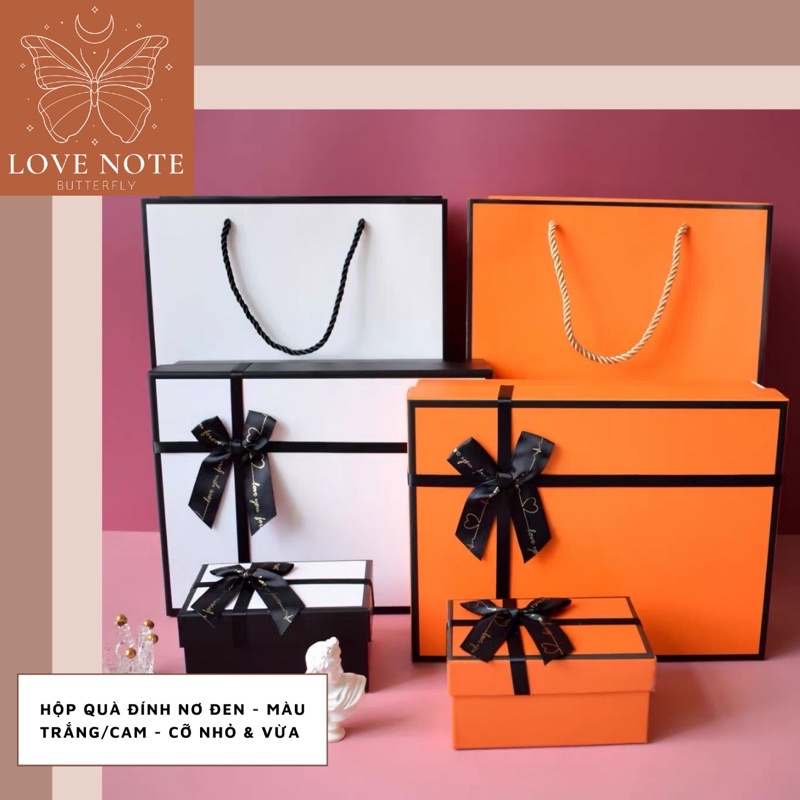 Hộp quà màu trắng/cam đính nơ đen cỡ VỬA và NHỎ - tặng sinh nhật, valentine 14/2, 8/3 20/10, giáng sinh, noel