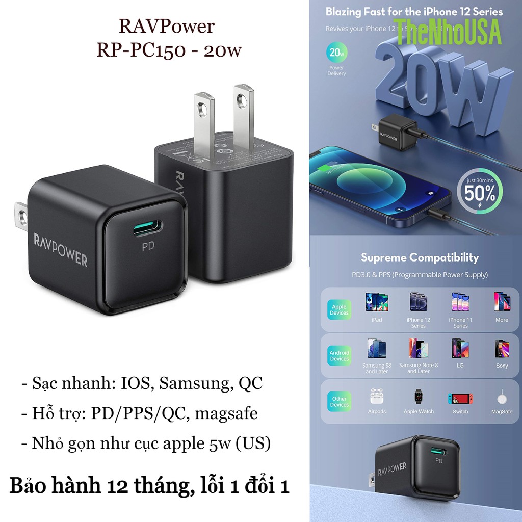 Củ sạc nhanh RAVPower 1 cổng - 20W PD/PPS/QC [RP-PC150]