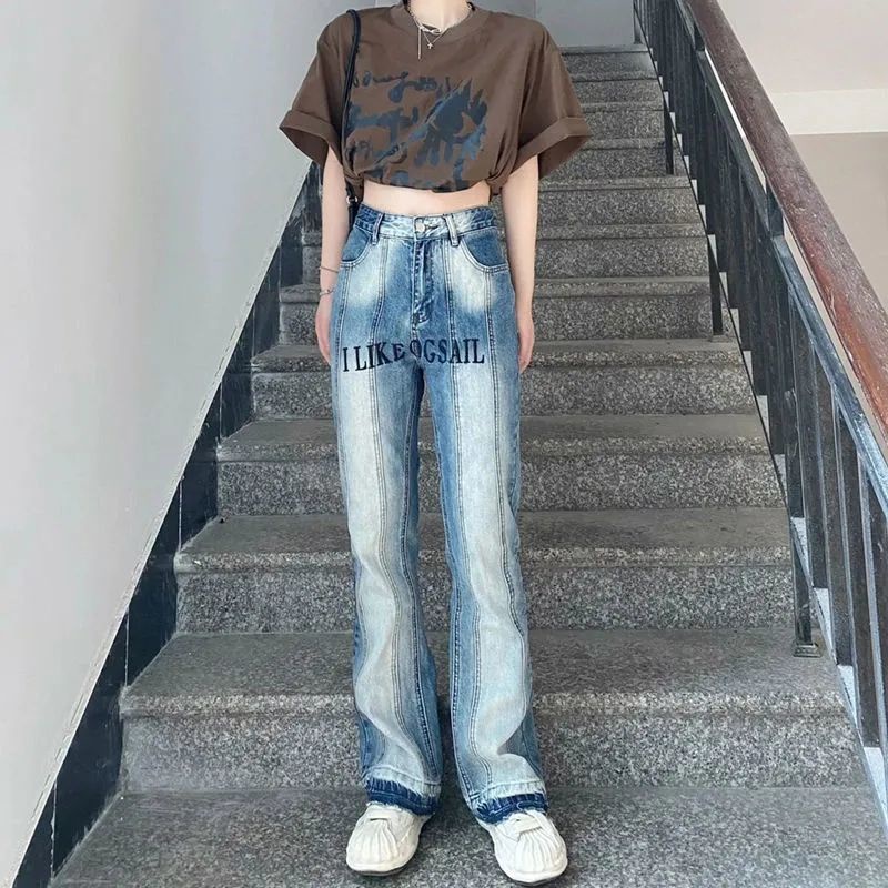 Jiashucheng Quần Jeans Nữ Ống Loe Lưng Cao Thêu Hoa