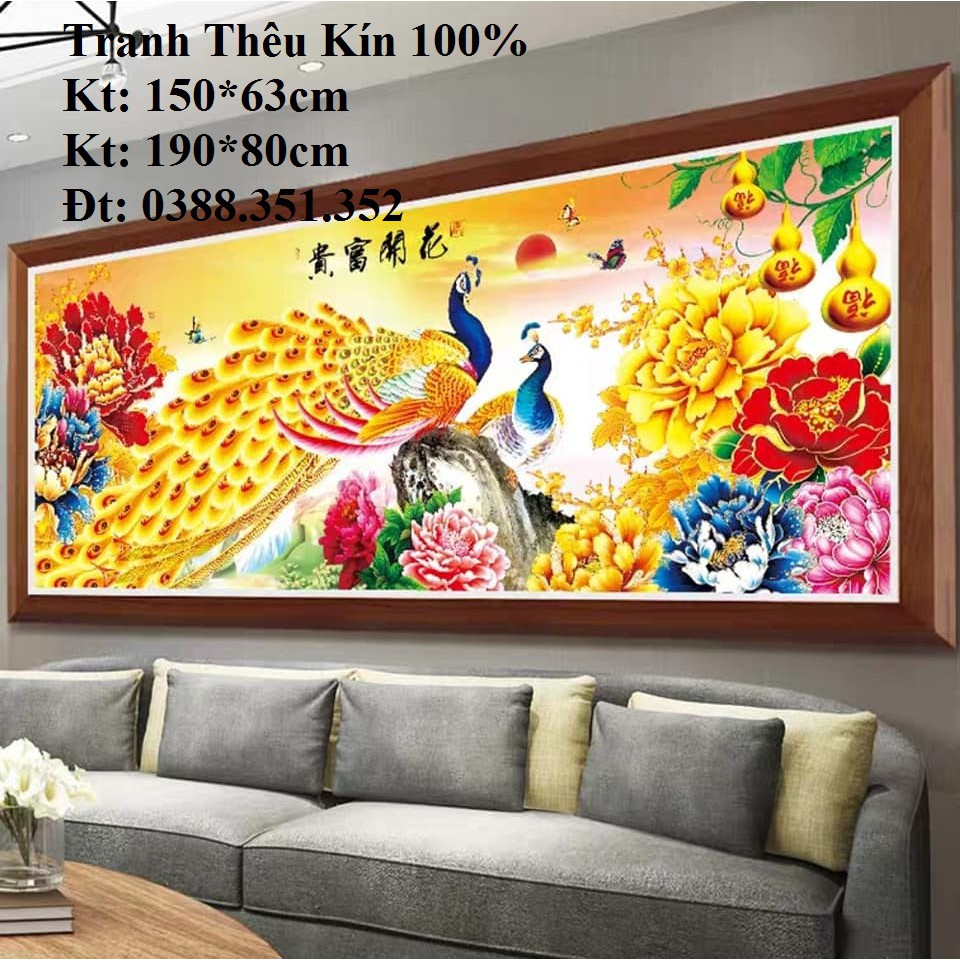 Tranh thêu chữ thập chim công phu thê viên mãn