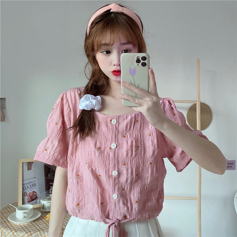 Áo croptop nữ, áo kiểu cổ vuông hoa nhí thắt eo tay ngắn trắng 2022