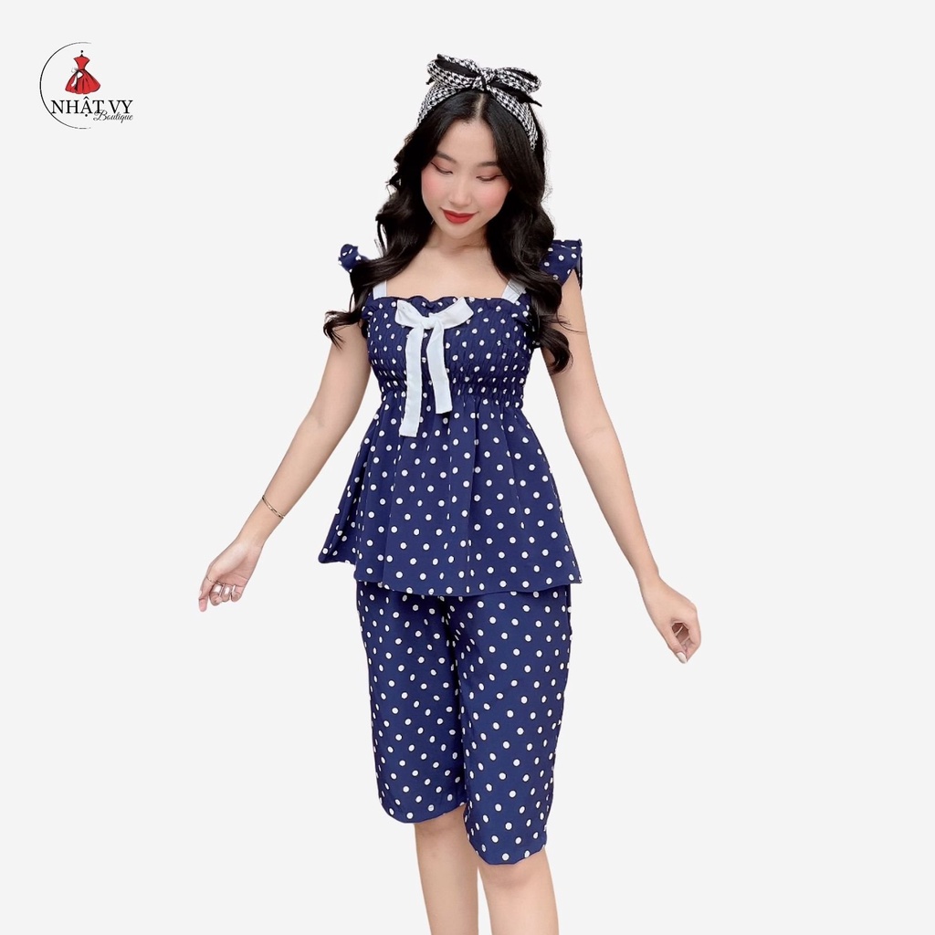 Đồ bộ nữ 2 dây quần lửng phối nơ trắng họa tiết chấm bi chất lụa nhật NHATVY - D2062