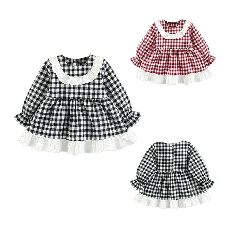 Đầm công chúa tay dài kẻ caro có nút cài ở sau cho bé gái