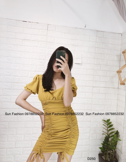 Đầm body cổ vuông rút dây tự chỉnh tay phồng bo thun vãi đũi Sun Fashion