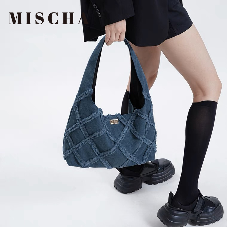 Mischa Túi Đeo Vai Cỡ Lớn Bằng Vải Bạt denim Phối Tua Rua Thời Trang Đường Phố Giản Dị